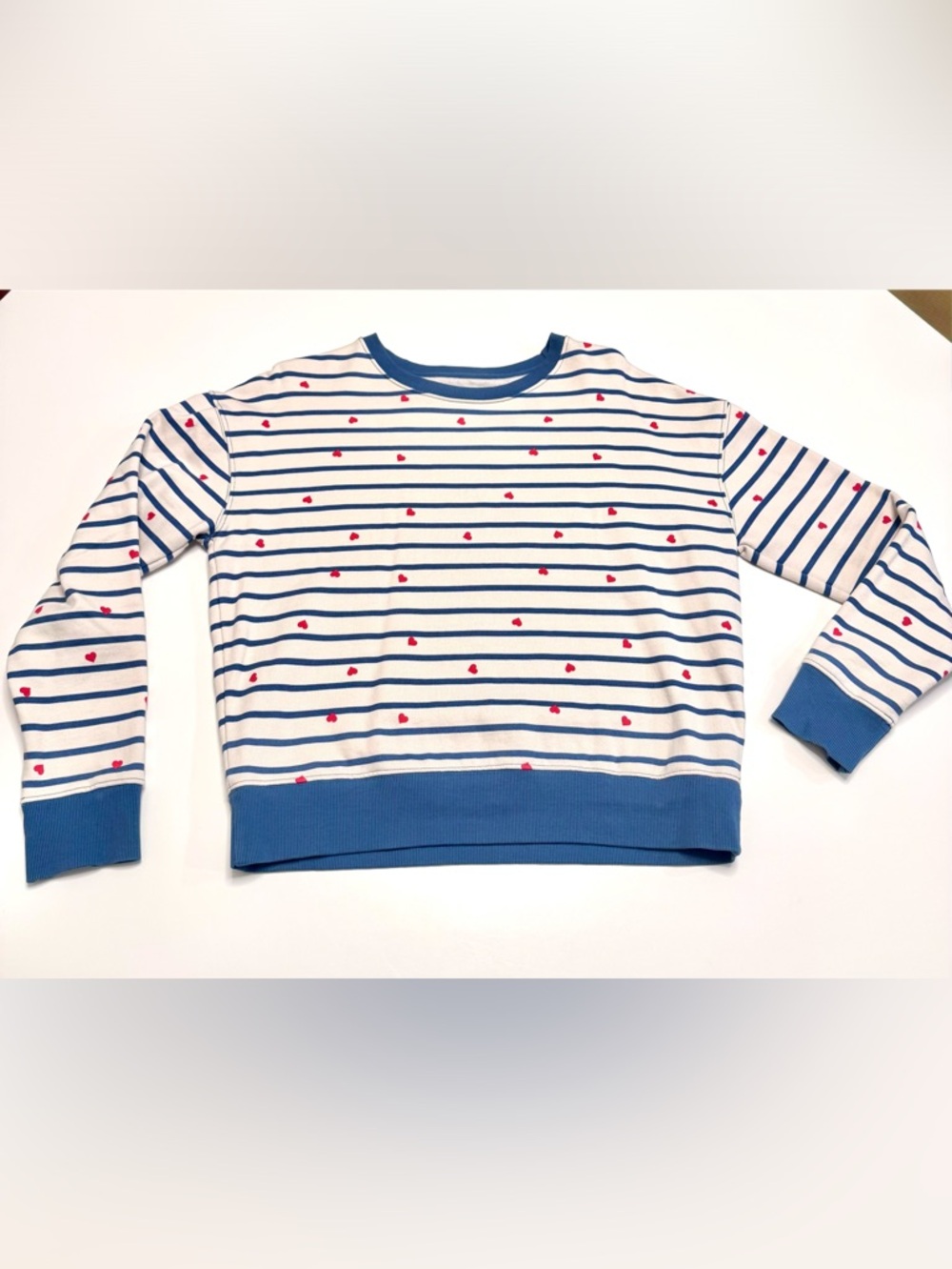 Pact 100% Organic Cotton Blue & White Stripes & Hearts Sweatshirt, size S